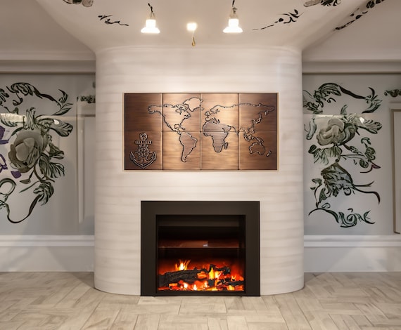 Luxury World Map Wall Art – Handmade Copper Panel Set – Statement Metal Decor for Fireplace, Office or Living Room Accent