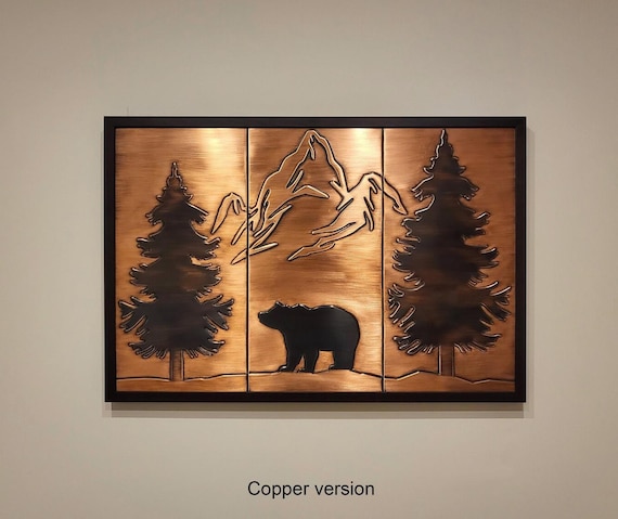 Rustic Bear and Mountains Wall Art – Handmade Copper Gift for Him, Husband or Cabin Decor
