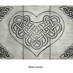 May include: A three-piece wall art set featuring a Celtic knot design in the shape of a heart. The design is in silver and is set against a silver background. The text "Brass version" is printed below the image.