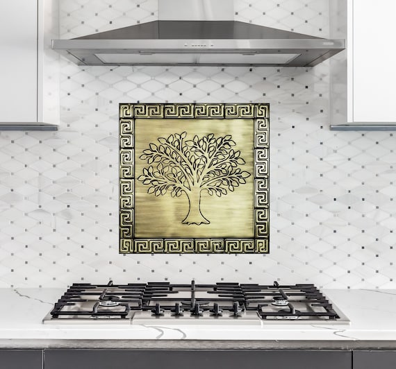 Beautiful tree with a Greek key pattern- Handmade 100% Copper, Brass or Stainless Steel Tile. The perfect tiles for Greece lover.