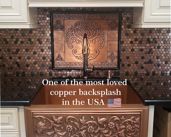 Luxury Celtic Tree of Life Tile Set – 17 Handmade Copper Art Panels – Elegant Kitchen or Fireplace Wall Decor