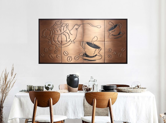Copper Coffee Tile Wall Art – 8-Piece Handmade Kitchen Decor in Frame – Modern Metal Coffee Wall Panel – Brass, Copper or Stainless