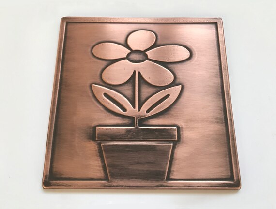Flower in a pot 100% Copper Tile, Handmade metal wall art, wall tile, kitchen tile, rustic, art deco, accent kitchen tile, backsplash