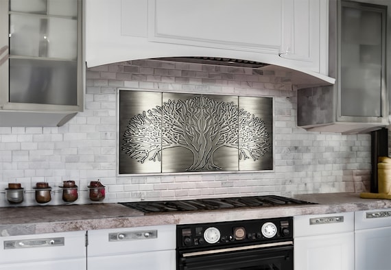 Brushed Stainless Steel Tree of Life – Set of 4 Modern Metal Wall Tiles | Handmade Backsplash for Contemporary Kitchen or Fireplace