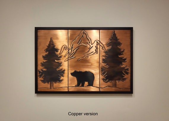 Handmade Bear and mountains in a wooden frame