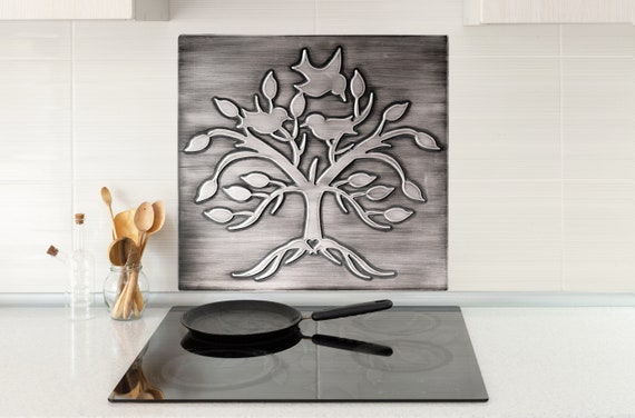 Lovely, unique tree with birds and a heart - Handmade 100% Stainless Steel, Copper, or Brass Tile