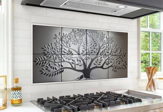 Stainless Steel Tree of Life Wall Panel – Modern Metal Art for Home Decor – Handmade Sculptural Tile Set