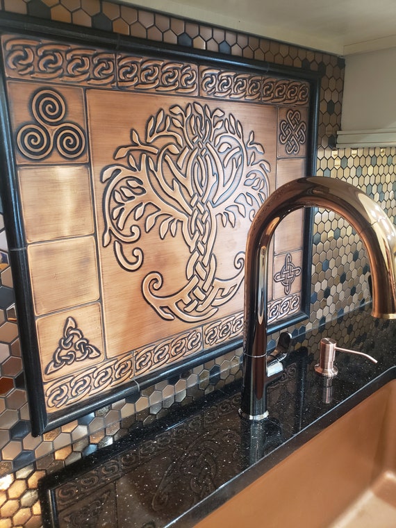 Viking Tree of Life Backsplash – 17 Handmade Copper Tiles with Norse Symbols | Nordic Wall Art for Kitchen or Lodge