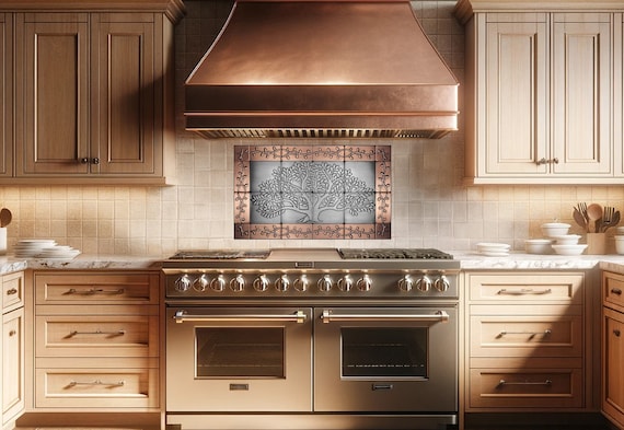 Stainless Steel Tree Centerpiece with Copper Branches - 24 Piece Metal Tile Set for Wall Decor
