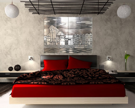 Beautiful city view - SET 12 HANDMADE tiles - 100% Stainless Steel, Copper or Brass