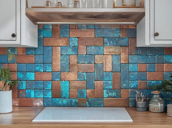 Elegant Patina Copper Wall Art – Premium Handmade Tile Set – Artistic Statement Panel for Kitchen, Fireplace, or Modern Home Decor