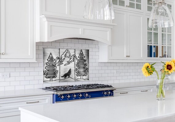 Wolf, mountains and two pines - beautiful set of 3 Handmade tiles - 100% Copper, Stainless Steel or Brass.