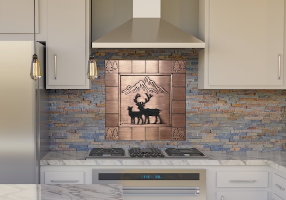 Deer and mountains - SET of 21 HANDMADE tiles - Copper, Brass or Stainless Steel