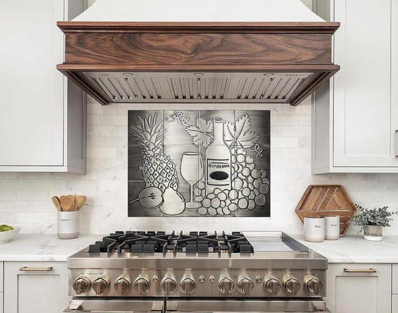 Stainless Steel Wine Backsplash – Handmade Kitchen Wall Art with Grapes and Bottle | Real Metal Tile Decor | Modern Gourmet Gift