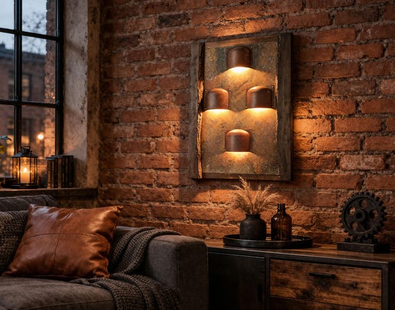 One of a Kind Copper Wall Light – Hand Patinated Metal Sculpture – Rustic Industrial Wall Lamp – Solid Oak Frame Unique Artisan Light Panel