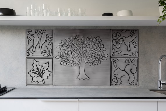 Tree of life, maple leaf, squirrel, hummingbird, birds - 5 Handmade Tiles - 100% Stainless Steel, Copper or Brass