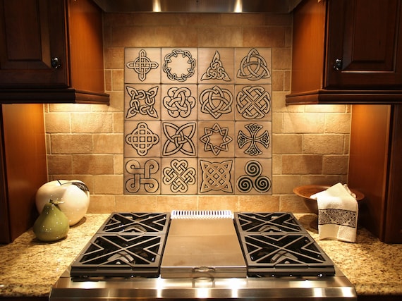 Beautiful celtic backsplash. 16 unique handmade tiles - 100% Copper, Stainless Steel or Brass