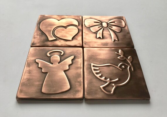 Peace and love - set of 4 handmade tiles 100% Copper!
