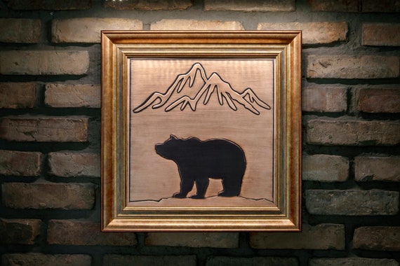 Bear and mountains framed in a beautiful, unique wooden frame. Handmade - 100% Copper and wood