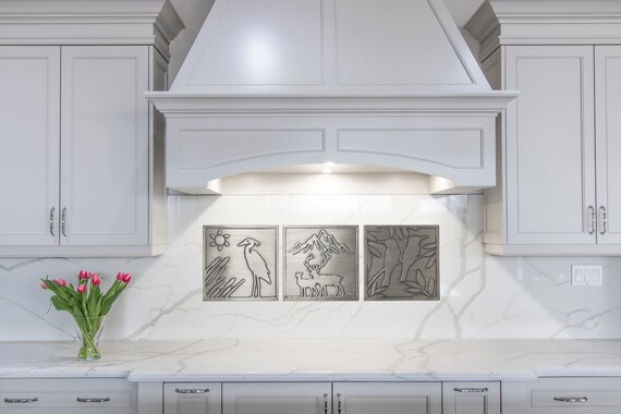 Nature - birds, heron, deer and mountains - Set of 3 Handmade tiles,- Copper, Brass or Stainless Steel