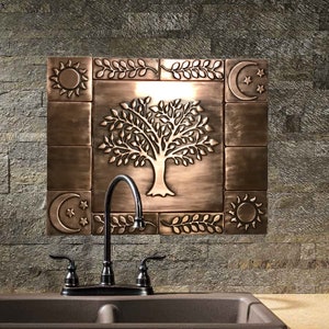 Beautiful tree of life, Set of 13 Handmade tiles, kitchen rustic backsplash tiles, Copper, Brass or Stainless Steel