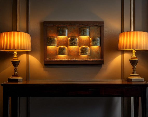 One of a Kind Copper Wall Light – Hand Patinated Metal Sculpture – Rustic Oak Frame – Unique Art Panel – 1 of 10