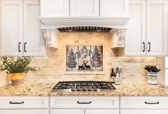 Happy deer family in the forest and mountains - beautiful set of 3 Handmade tiles - 100% Copper, Stainless Steel or Brass.