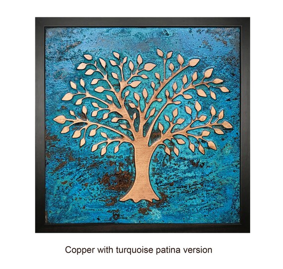 Colorful Gift for Her – Tree of Life Copper Wall Art with Turquoise Patina – Handmade Framed Art for Birthday or Housewarming
