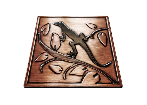 Lizard on the branch - Handmade 100% Copper, Brass or Stainless Steel Tile, Handmade metal wall art, wall tile, kitchen tile, rustic,