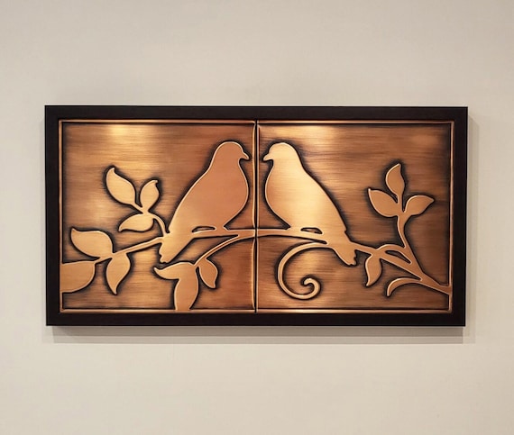 Romantic Gift for Couple – Birds in Love Wall Art – Handmade Copper or Brass in Frame – Wedding, Anniversary or Valentine's Day Gift