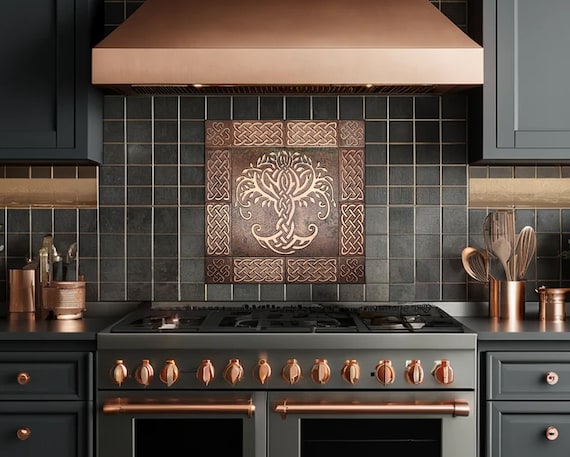 Tree of Life Backsplash Tile – Celtic Metal Tile Wall Art – Copper, Brass or Steel Kitchen Decor – Handmade Nature Inspired Tile Set