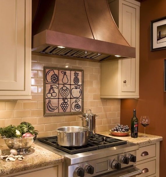 Fruits - Set of 9 Handmade tiles - 100% Brass, Copper or Stainless Steel. The sweetest, beautiful backsplash.