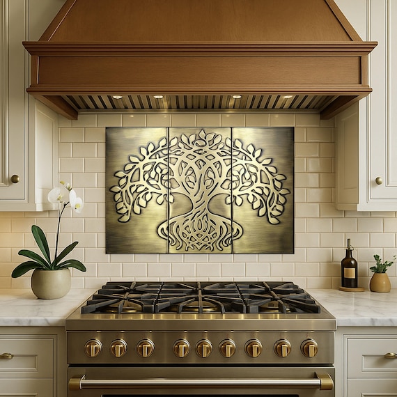 Tree of Life Metal Tile Set – 3 Handmade Panels for Kitchen Backsplash or Wall Decor | Copper, Brass or Stainless Steel Art
