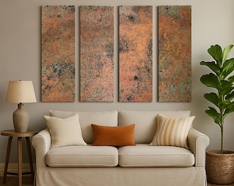 Real Copper Wall Art – 4 Panel Metal Artwork – Mystic Copper Nebula – Abstract Oxidized Patina – Handmade Rustic Home Decor