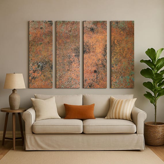 Real Copper Wall Art – 4 Panel Metal Artwork – Mystic Copper Nebula – Abstract Oxidized Patina – Handmade Rustic Home Decor