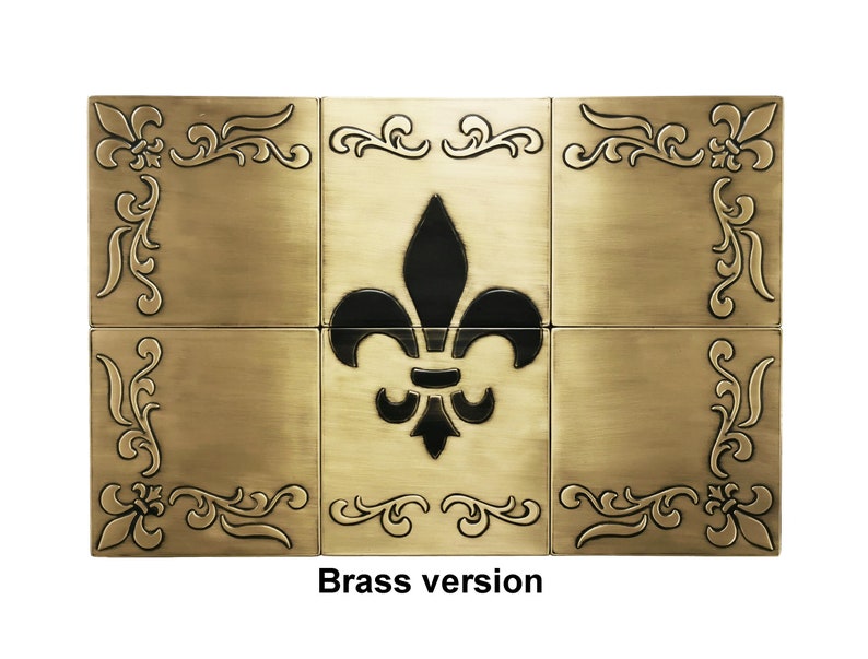 Fleur de lis Set of 6 Handmade tiles 100% Copper, Stainless Steel or Brass Brass