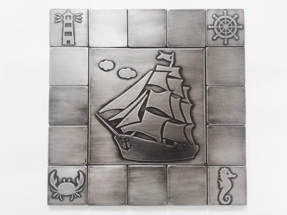 Sailing ship, crab, lighthouse, sea horse, ship rudder 100% stainless steel. Kitchen backsplash, living room decor