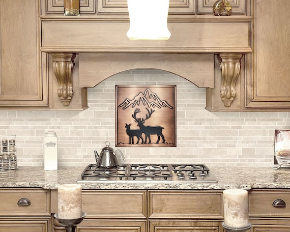 Deer and mountains - 100 % Copper, Brass or Stainless Steel, Handmade metal wall art, kitchen tile, accent kitchen tile, backsplash