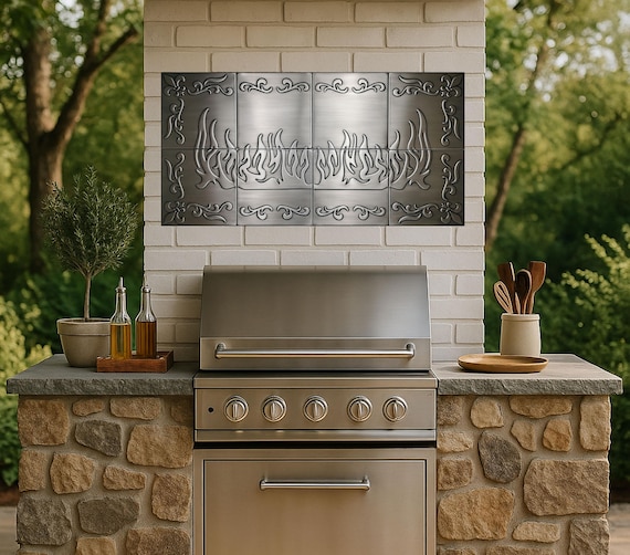 Modern Flame Wall Art – Set of 8 Metal Tiles | Brushed Stainless Steel, Copper or Brass | Fire-Inspired Kitchen Backsplash or Outdoor Decor