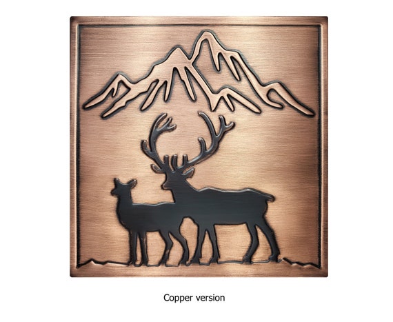 Deer and mountains - 100 % Copper, Brass or Stainless Steel, Handmade metal wall art, kitchen tile, accent kitchen tile, backsplash