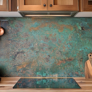 Real Copper Backsplash Panel – Oceanic Copper Pulse – Turquoise Patina Wall Art – Modern Rustic Kitchen Decor – Handmade Metal Sheet