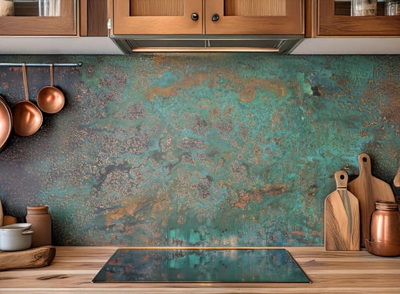 Real Copper Backsplash Panel – Oceanic Copper Pulse – Turquoise Patina Wall Art – Modern Rustic Kitchen Decor – Handmade Metal Sheet