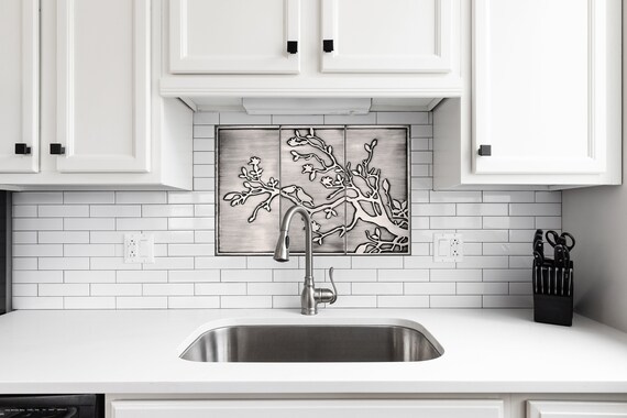 Birds on the branch - Set of 3 Handmade tiles - 100% Copper, Stainless Steel or Brass.