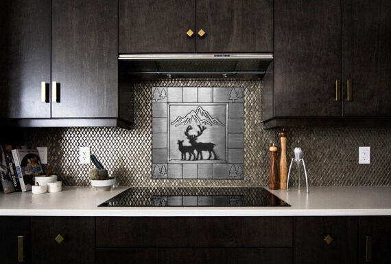 Deer and Mountain Tile Backsplash – Handmade 21-Piece Nature-Inspired Copper, Steel or Brass Tile Set – Rustic Kitchen Wall Decor