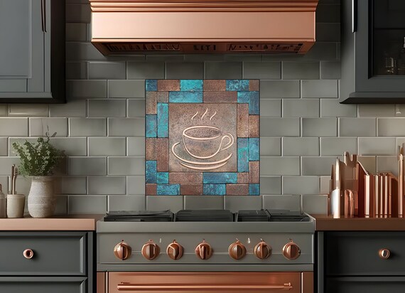 Handmade Copper Coffee Backsplash Tiles – Rustic Patina Wall Art for Kitchen Decor