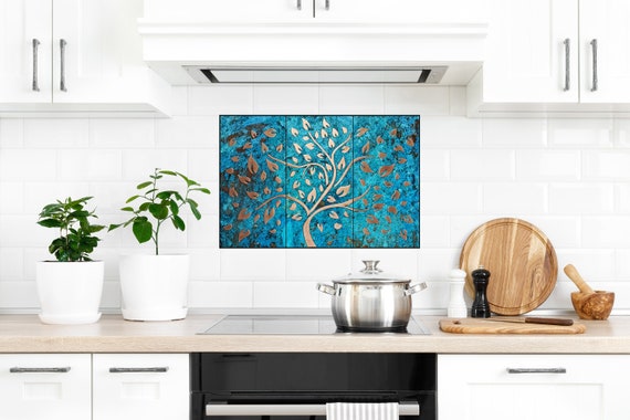 Fabulous tree with falling leaves - Set of 3 Handmade tiles - 100% Copper, Stainless Steel or Brass. The perfect backsplash for tree lovers.