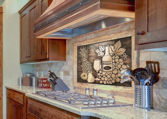 Still life, grapes, pineapples, wine, pear - set of 12 handmade tiles - 100% Copper, Stainless Steel or Brass