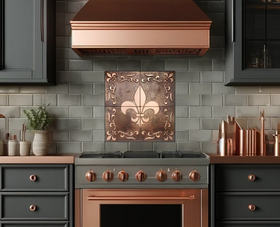 Fleur-de-Lis Copper Tile Set – Elegant Vintage Wall Art for Kitchen or Fireplace – Handmade Copper, Brass or Stainless Steel