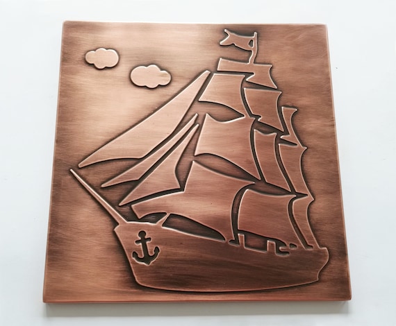Sailing ship 100% Copper Tile, Handmade metal wall art, wall tile, kitchen tile, rustic, art deco, accent kitchen tile, backsplash