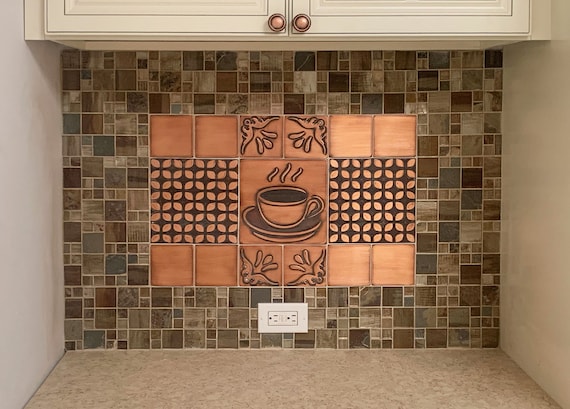 Beautiful backsplash with a cup of coffee- Set of 15 Handmade tiles - 100% Copper, Stainless Steel or Brass.